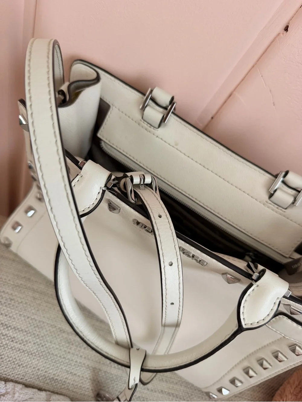 Michael Kors Rayne SatchelOptic White Saffiano Leather Satchel with Silver Studs